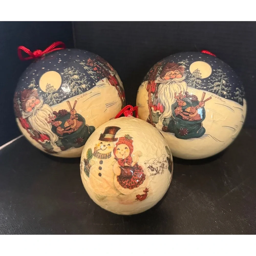 Christmas Holiday Ornaments Multicolor Santa‎ Snowman Decoupage 3 Piece Set
